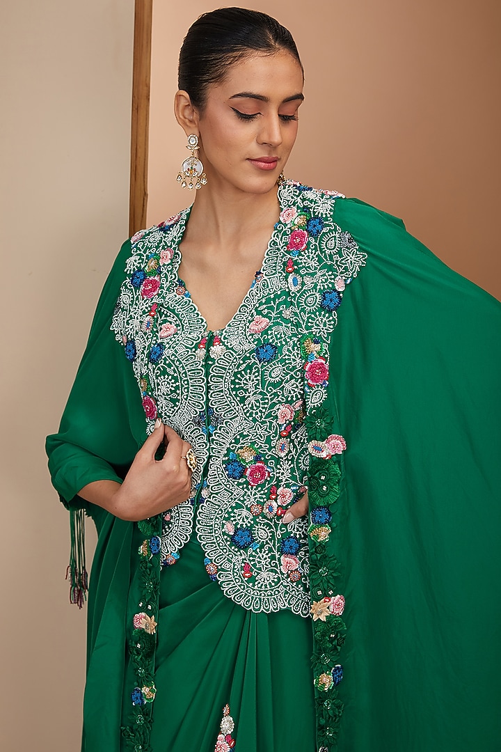 Green Habutai Silk Pearl Embroidered Butterfly Cape Set by Minaxi Dadoo at Pernia's Pop Up Shop