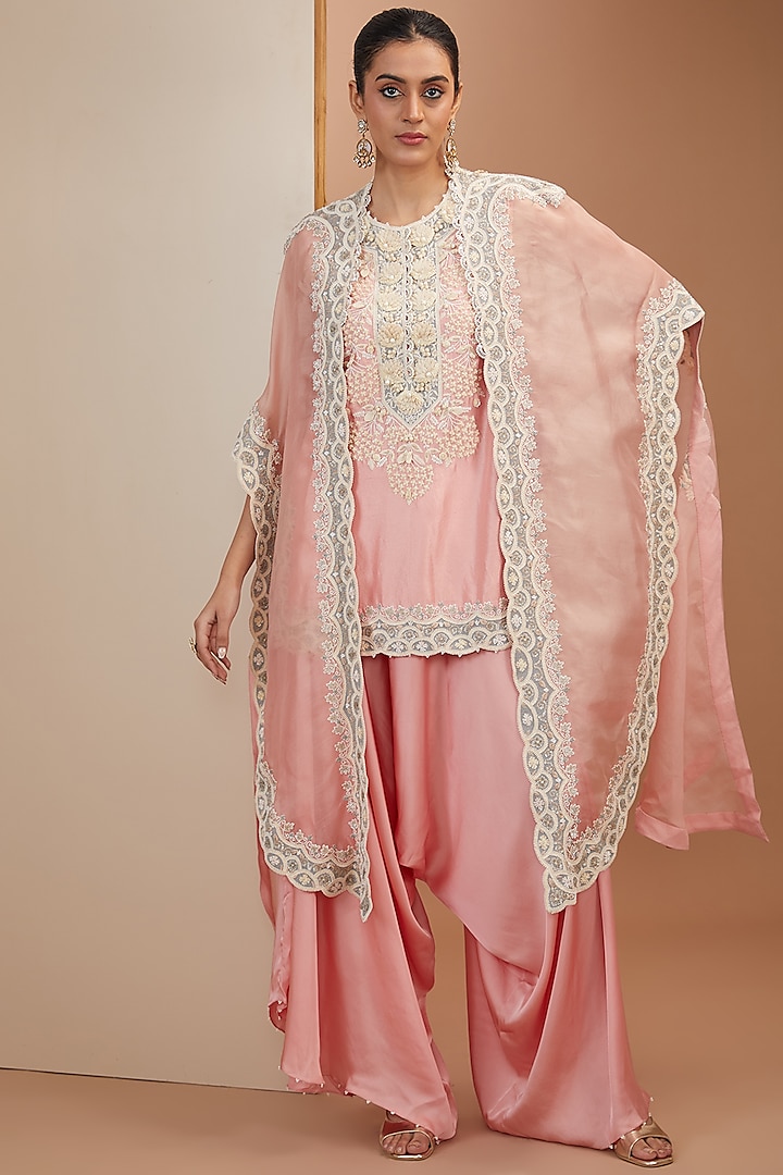 Pink Dupion Thread Embroidered Butterfly Cape Set by Minaxi Dadoo