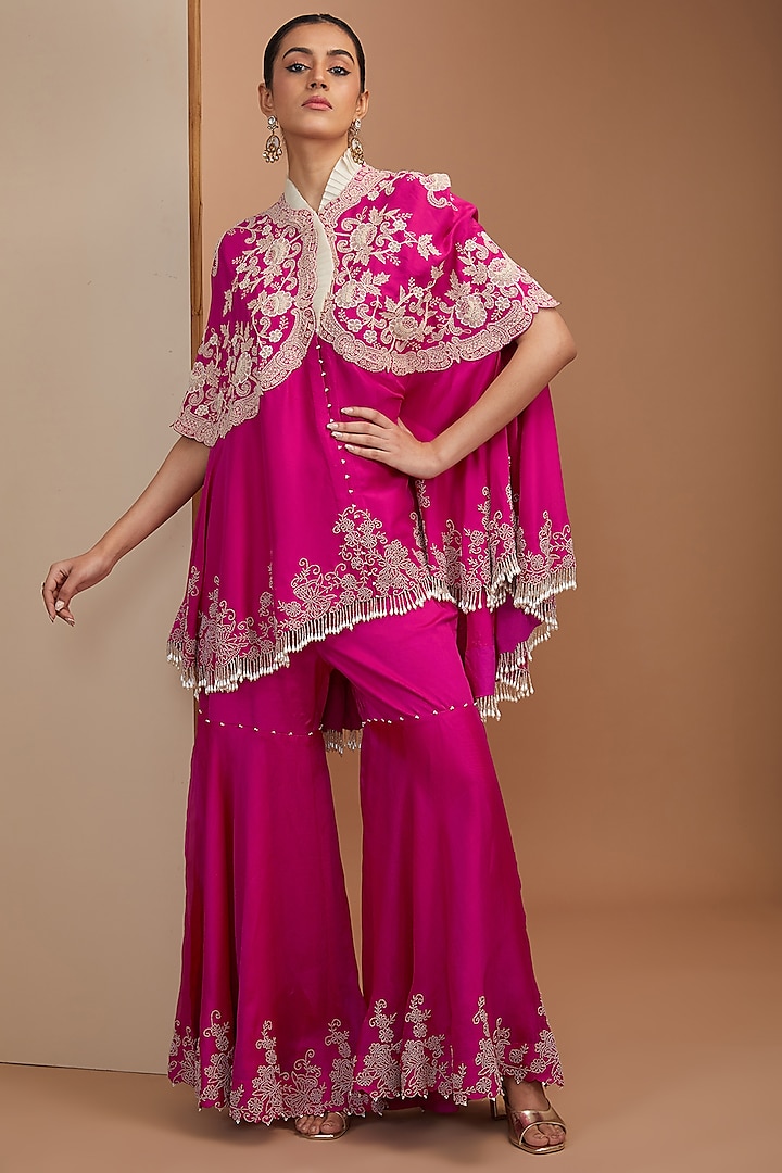 Rani Pink Organza & Silk Pearl Embroidered Gharara Set by Minaxi Dadoo