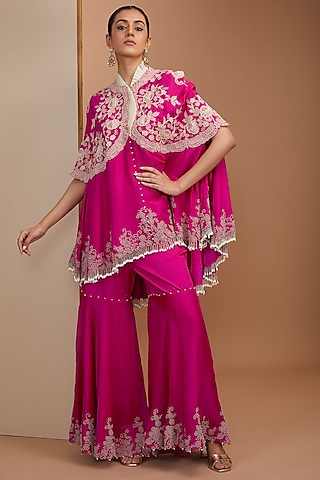 Rani Pink Organza & Silk Pearl Embroidered Gharara Set by Minaxi Dadoo