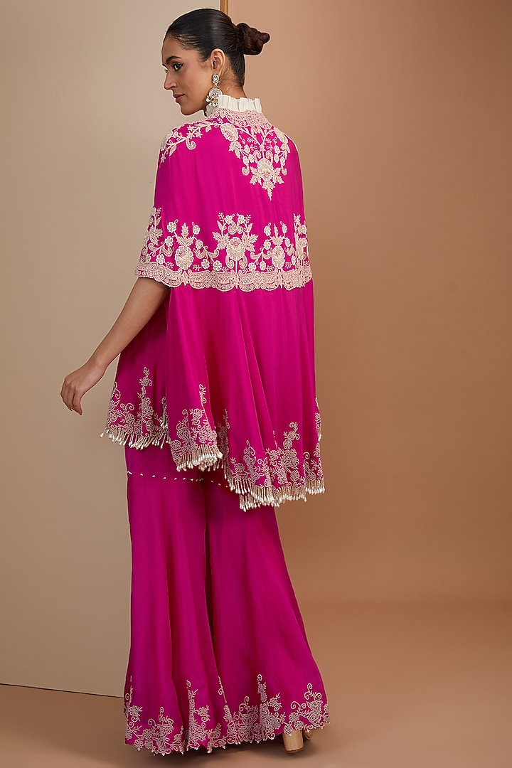 Rani Pink Organza & Silk Pearl Embroidered Gharara Set by Minaxi Dadoo at Pernia's Pop Up Shop