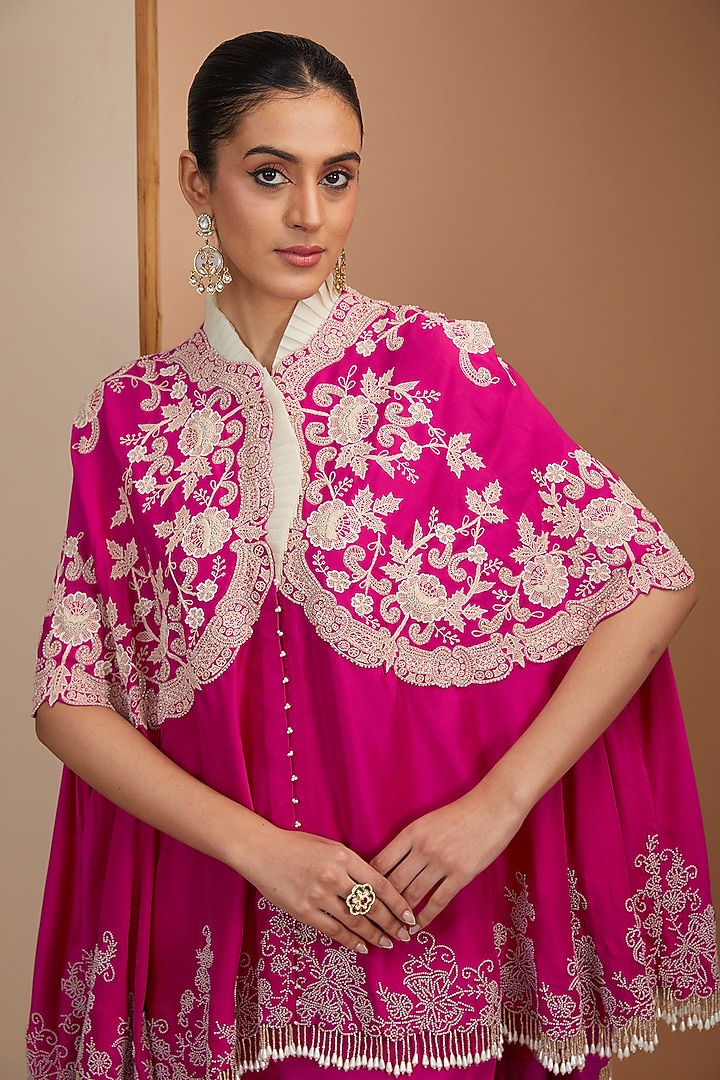 Rani Pink Organza & Silk Pearl Embroidered Gharara Set by Minaxi Dadoo at Pernia's Pop Up Shop