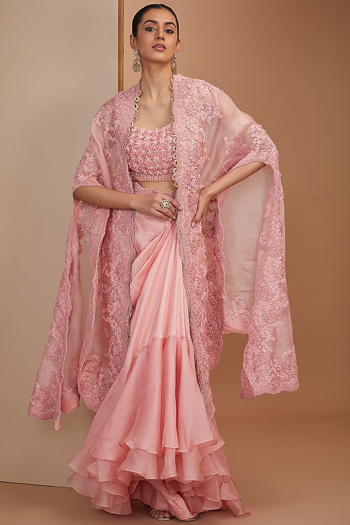 Pink Organza Moti Embroidered Butterfly Cape Set by Minaxi Dadoo at Pernia's Pop Up Shop