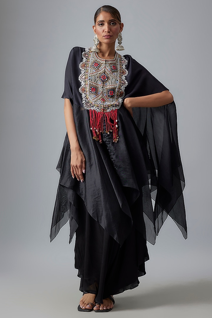 Black Silk & Organza Hankey Cape Set by Minaxi Dadoo at Pernia's Pop Up Shop