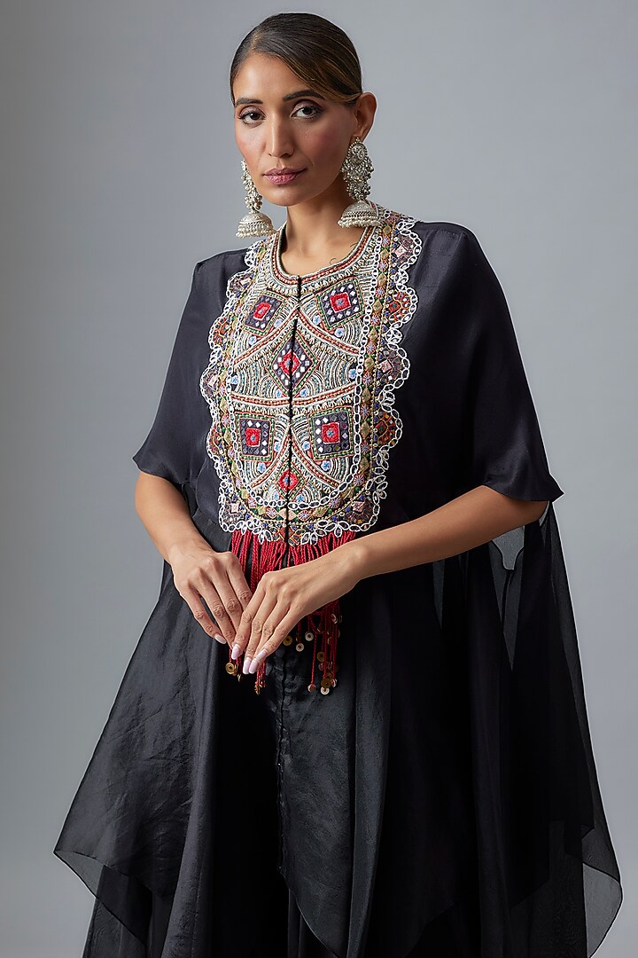 Black Silk & Organza Hankey Cape Set by Minaxi Dadoo at Pernia's Pop Up Shop