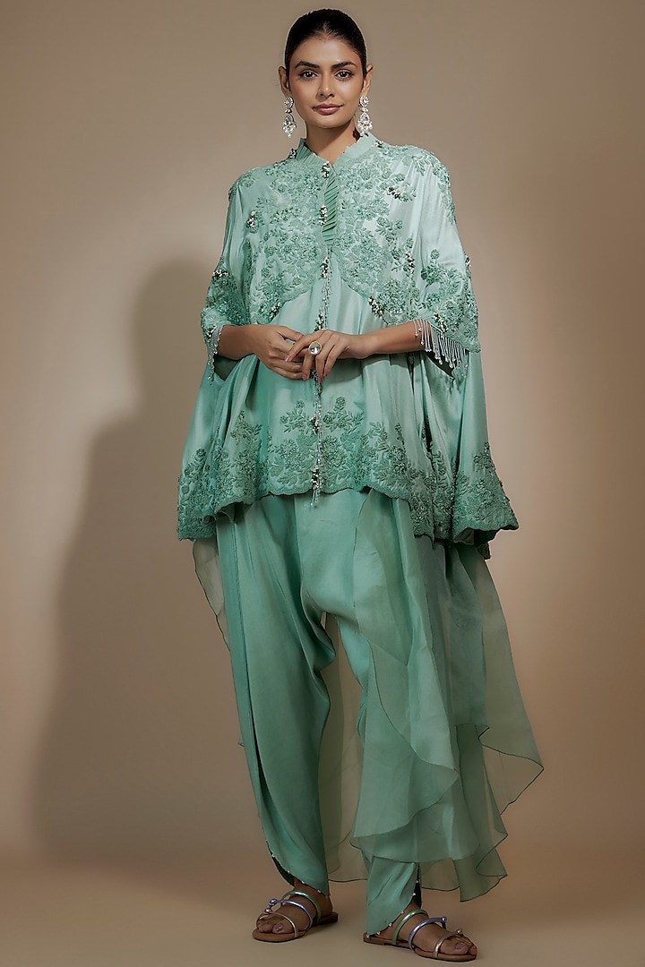 Powder Blue Dupion Moti Work Cape Set by Minaxi Dadoo