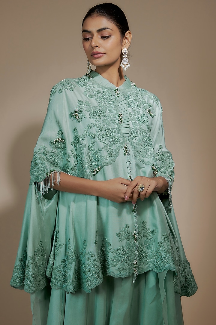 Powder Blue Dupion Moti Work Cape Set by Minaxi Dadoo at Pernia's Pop Up Shop