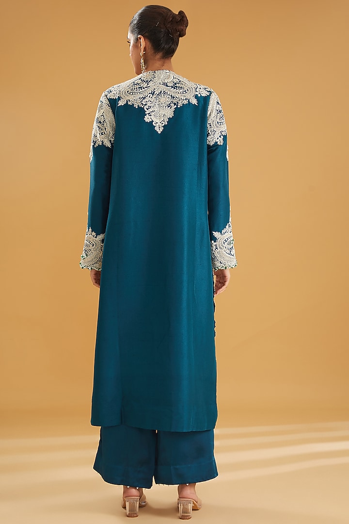 Peacock Blue Dupion Dori Embroidered Straight Kurta Set by Minaxi Dadoo at Pernia's Pop Up Shop