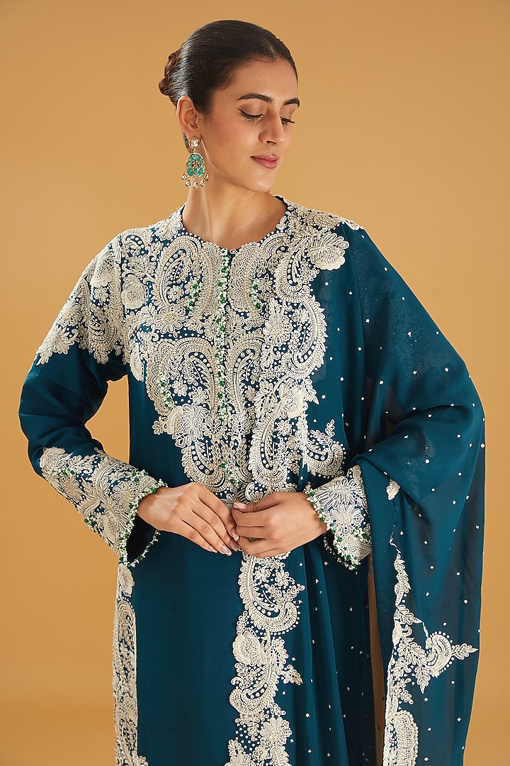 Peacock Blue Dupion Dori Embroidered Straight Kurta Set by Minaxi Dadoo at Pernia's Pop Up Shop