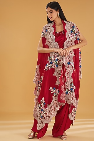 Red Organza Pearl & Sequins Embroidered Butterfly Cape Set by Minaxi Dadoo