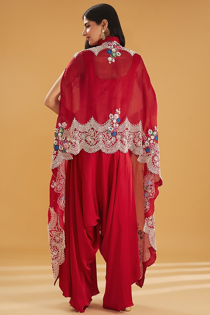 Red Organza Pearl & Sequins Embroidered Butterfly Cape Set by Minaxi Dadoo at Pernia's Pop Up Shop
