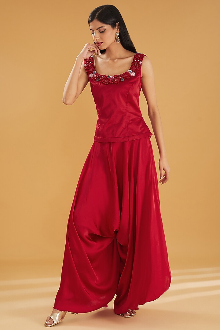 Red Organza Pearl & Sequins Embroidered Butterfly Cape Set by Minaxi Dadoo at Pernia's Pop Up Shop