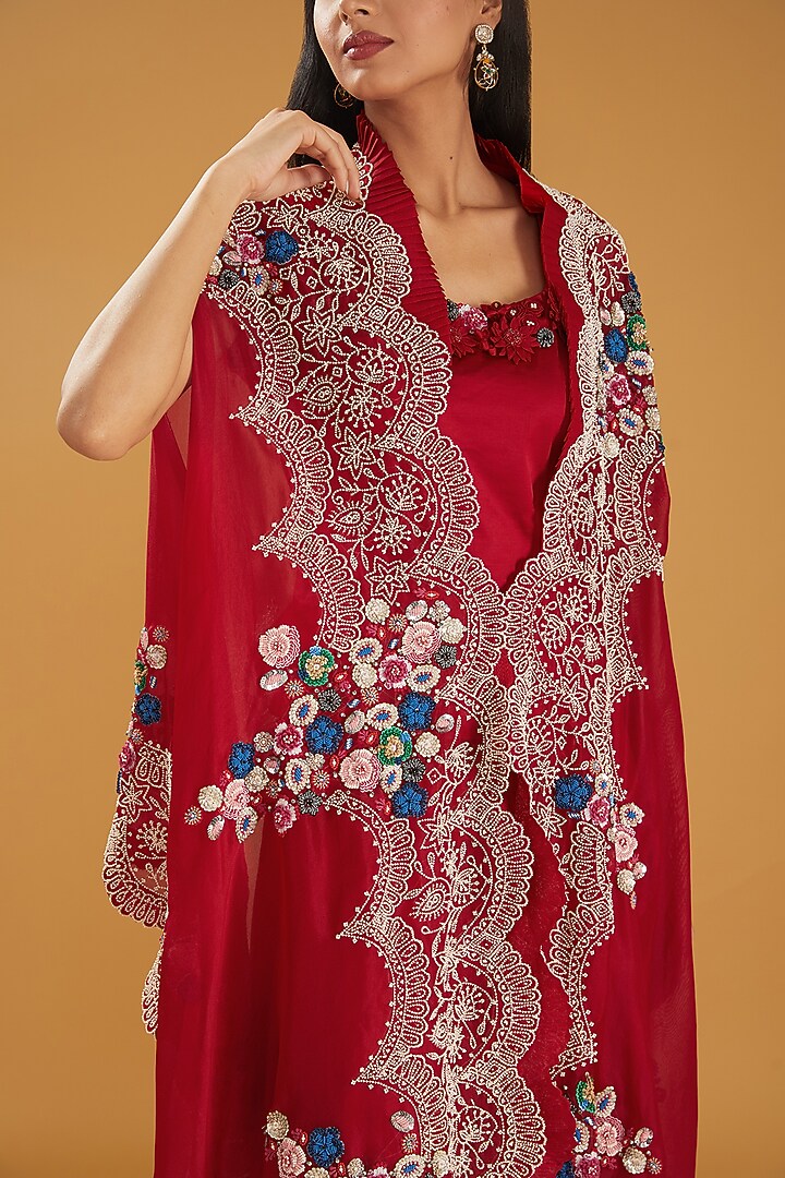 Red Organza Pearl & Sequins Embroidered Butterfly Cape Set by Minaxi Dadoo at Pernia's Pop Up Shop