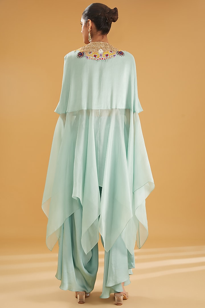 Powder Blue Silk & Organza Kasab Embroidered Cape Set by Minaxi Dadoo at Pernia's Pop Up Shop