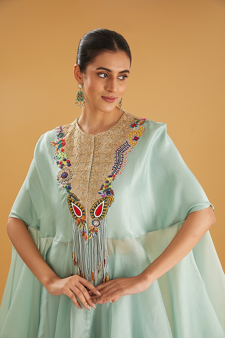 Powder Blue Silk & Organza Kasab Embroidered Cape Set by Minaxi Dadoo at Pernia's Pop Up Shop