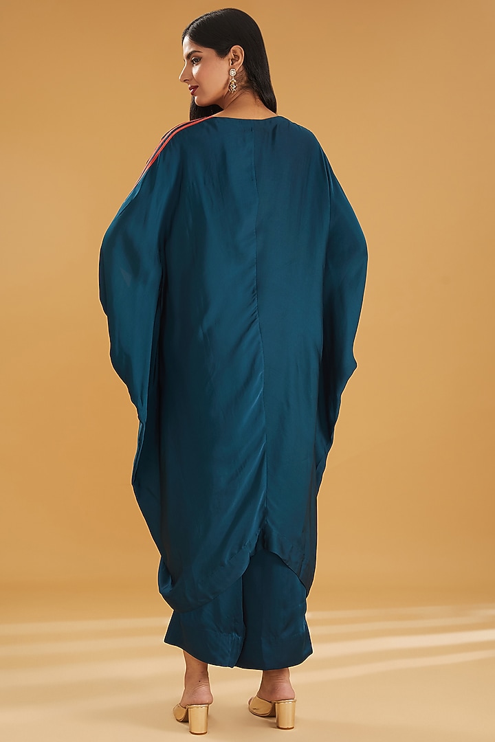 Peacock Blue Satin Embroidered Kaftan Set by Minaxi Dadoo at Pernia's Pop Up Shop