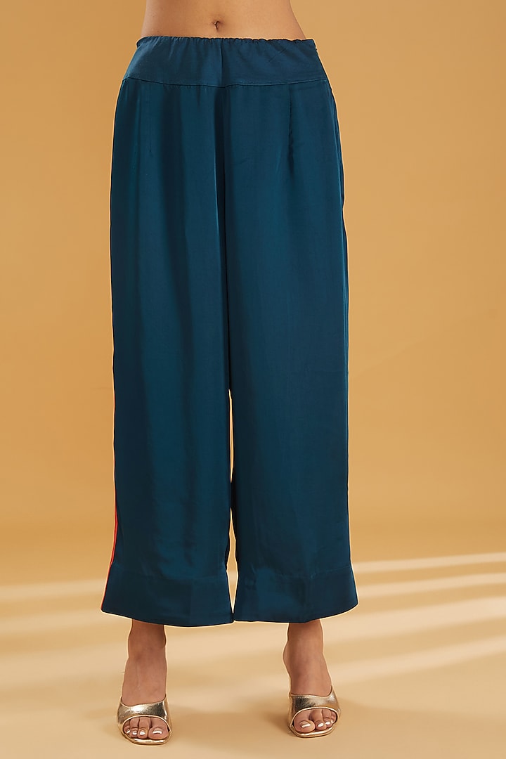 Peacock Blue Satin Embroidered Kaftan Set by Minaxi Dadoo at Pernia's Pop Up Shop