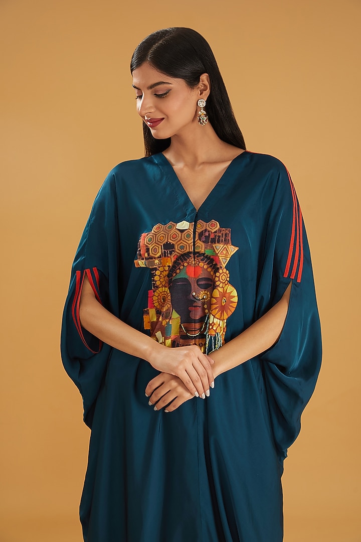 Peacock Blue Satin Embroidered Kaftan Set by Minaxi Dadoo at Pernia's Pop Up Shop