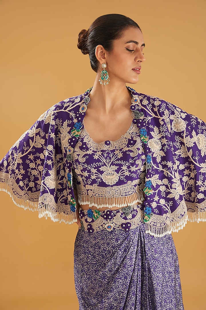 Violet Dupion Lace Jaal Embroidered Cape Set by Minaxi Dadoo at Pernia's Pop Up Shop