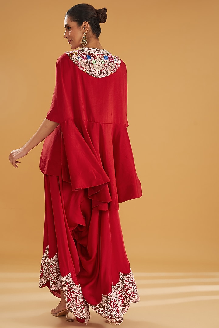 Red Dupion Thread & Pearl Embroidered Cape Set by Minaxi Dadoo at Pernia's Pop Up Shop