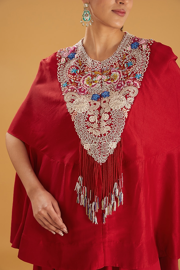 Red Dupion Thread & Pearl Embroidered Cape Set by Minaxi Dadoo at Pernia's Pop Up Shop