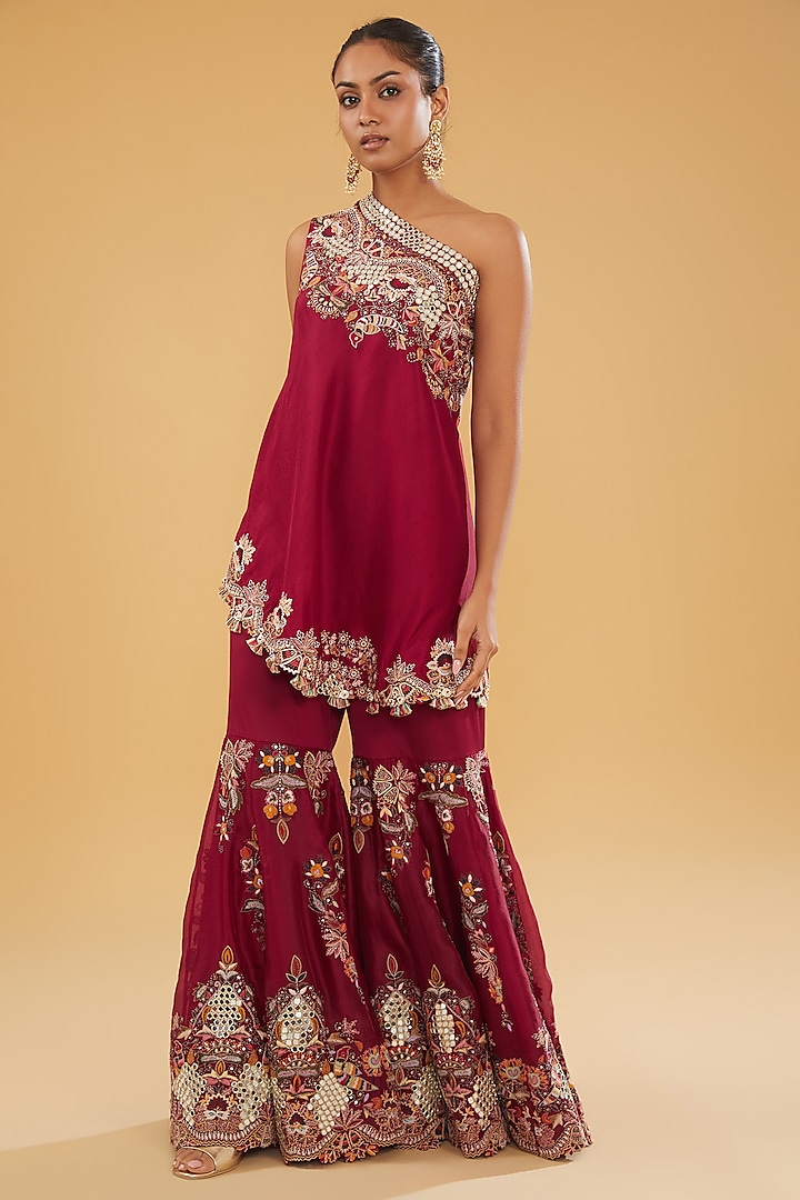 Maroon Organza Embroidered Bridal Sharara Set by Minaxi Dadoo at Pernia's Pop Up Shop