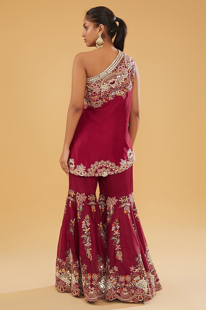 Maroon Organza Embroidered Bridal Sharara Set by Minaxi Dadoo at Pernia's Pop Up Shop
