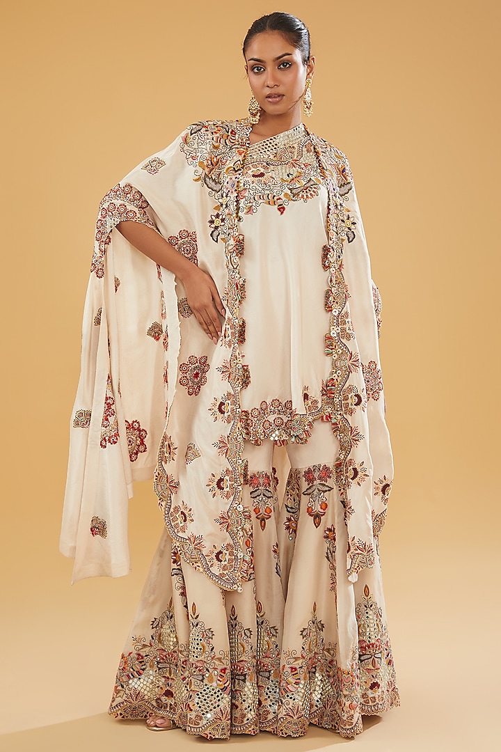 Beige Organza Embroidered Sharara Set by Minaxi Dadoo at Pernia's Pop Up Shop