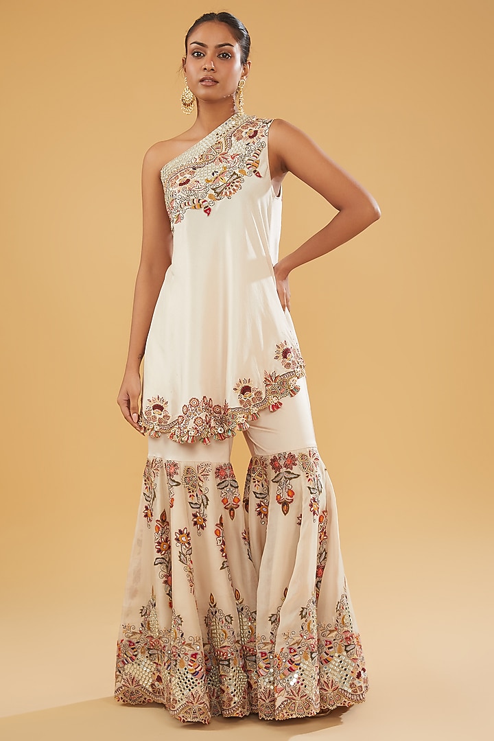 Beige Organza Embroidered Bridal Sharara Set by Minaxi Dadoo at Pernia's Pop Up Shop
