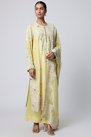 Yellow Dupion Long Kurta Set by Minaxi Dadoo