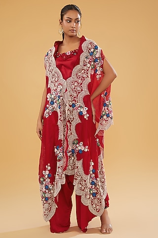 Red Organza Pearl Work Cape Set by Minaxi Dadoo
