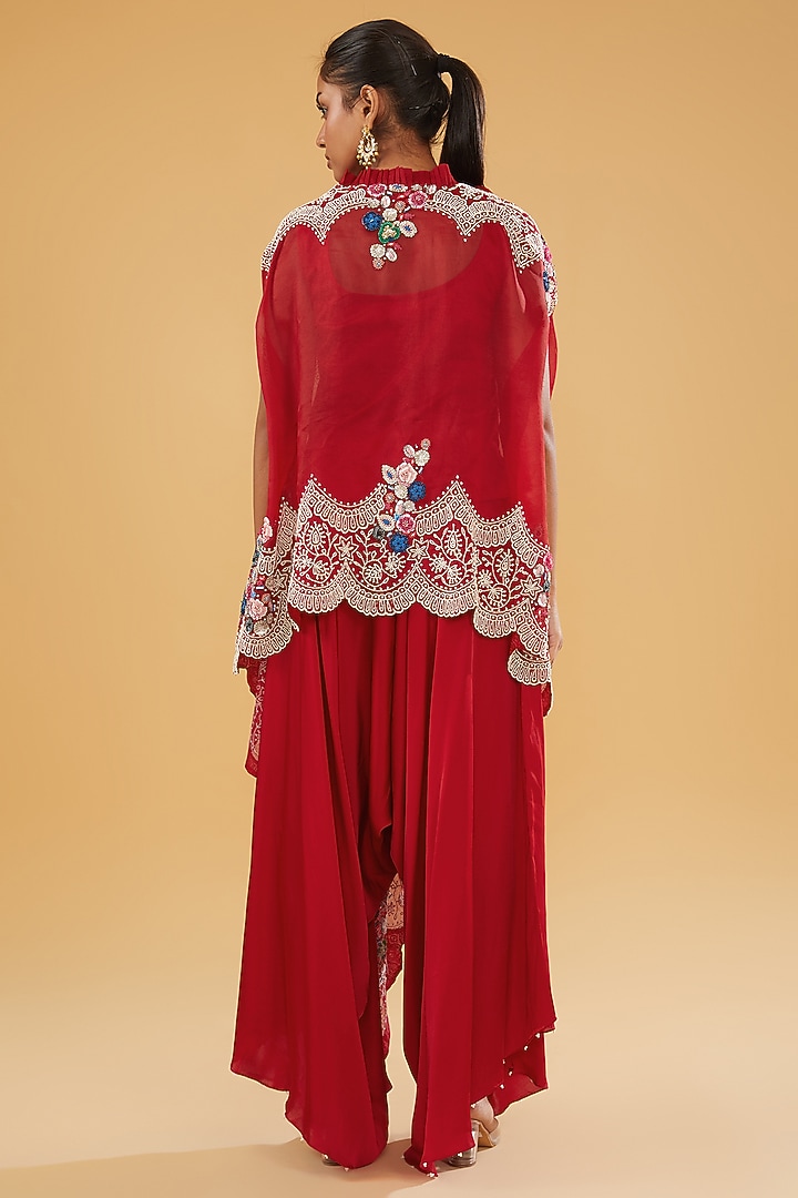 Red Organza Pearl Work Cape Set by Minaxi Dadoo at Pernia's Pop Up Shop