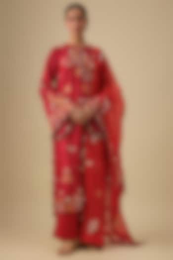 Red Silk Embroidered Kurta Set by Minaxi Dadoo at Pernia's Pop Up Shop