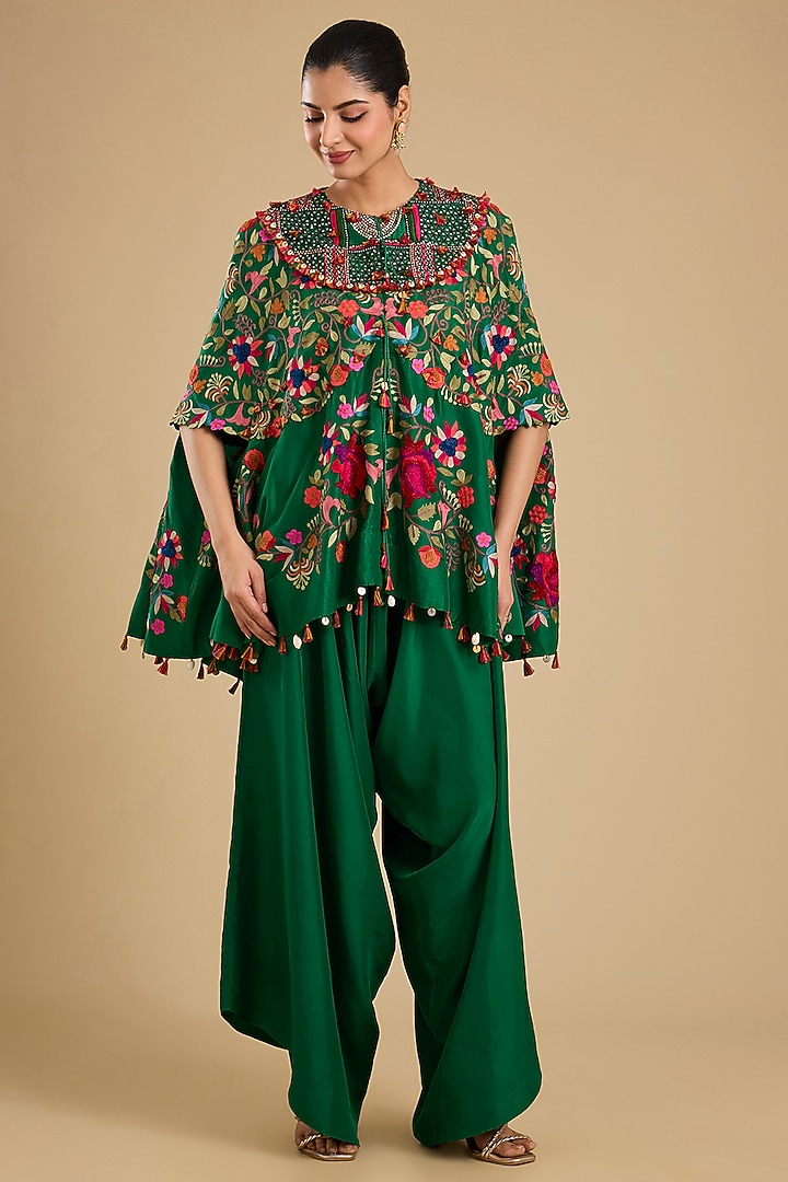 Green Dupion Silk Embroidered Cape Set by Minaxi Dadoo at Pernia's Pop Up Shop