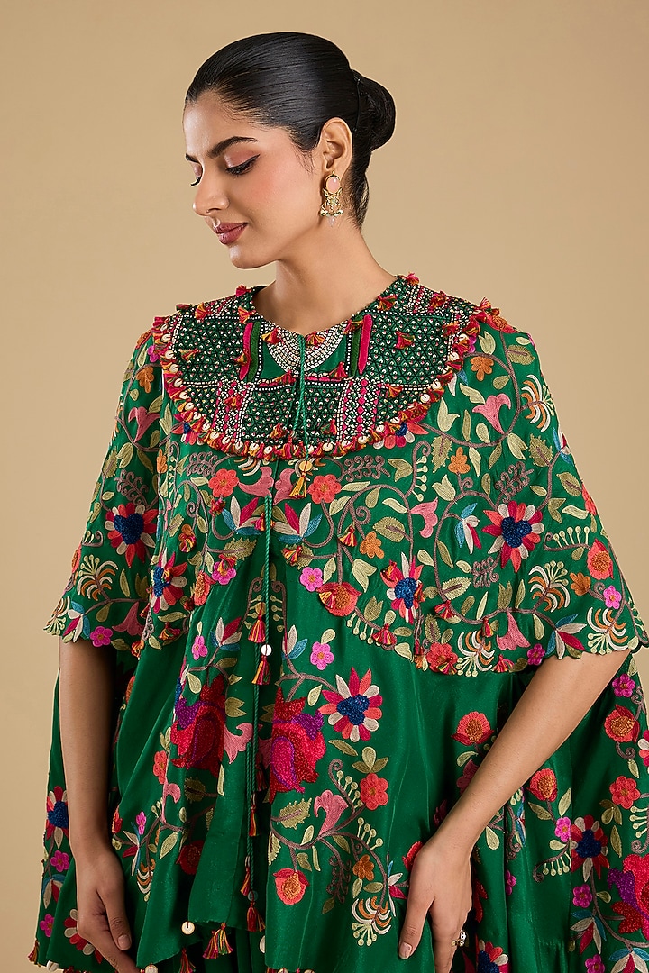 Green Dupion Silk Embroidered Cape Set by Minaxi Dadoo at Pernia's Pop Up Shop
