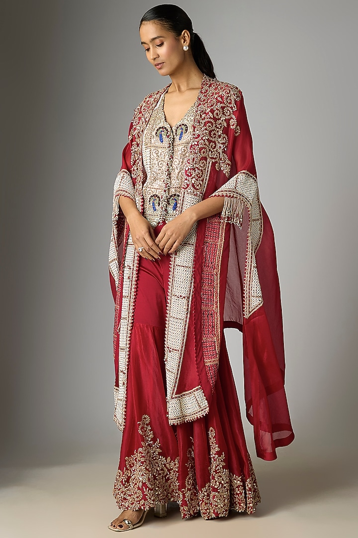 Red Organza Patchwork Butterfly Cape Set by Minaxi Dadoo at Pernia's Pop Up Shop