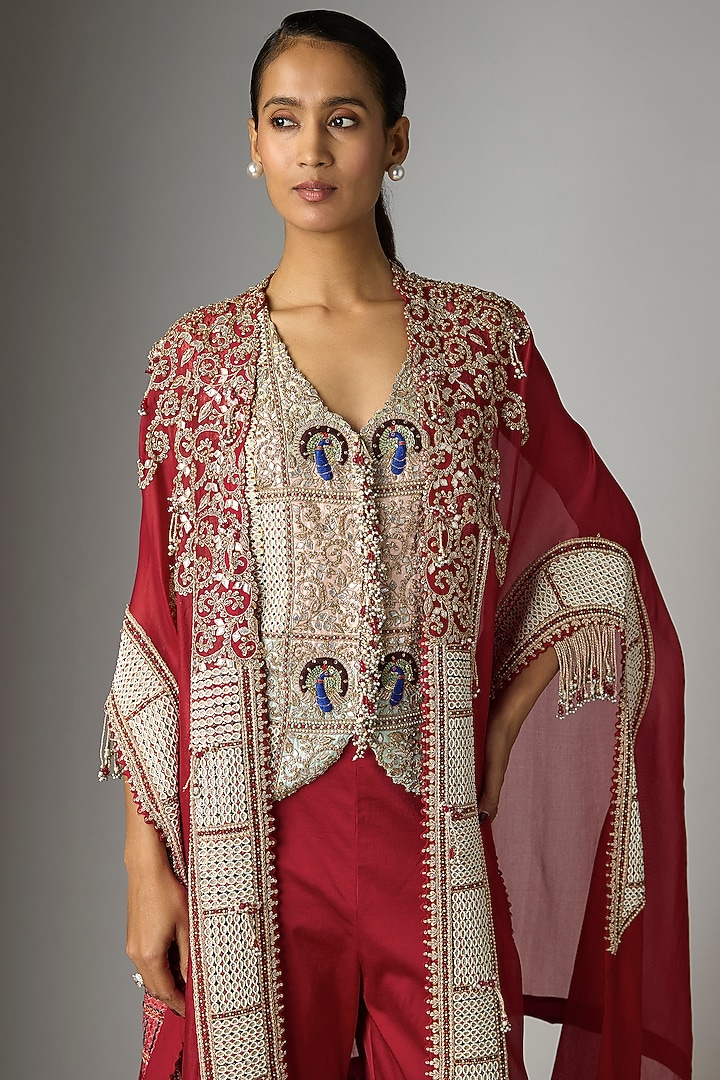 Red Organza Patchwork Butterfly Cape Set by Minaxi Dadoo at Pernia's Pop Up Shop