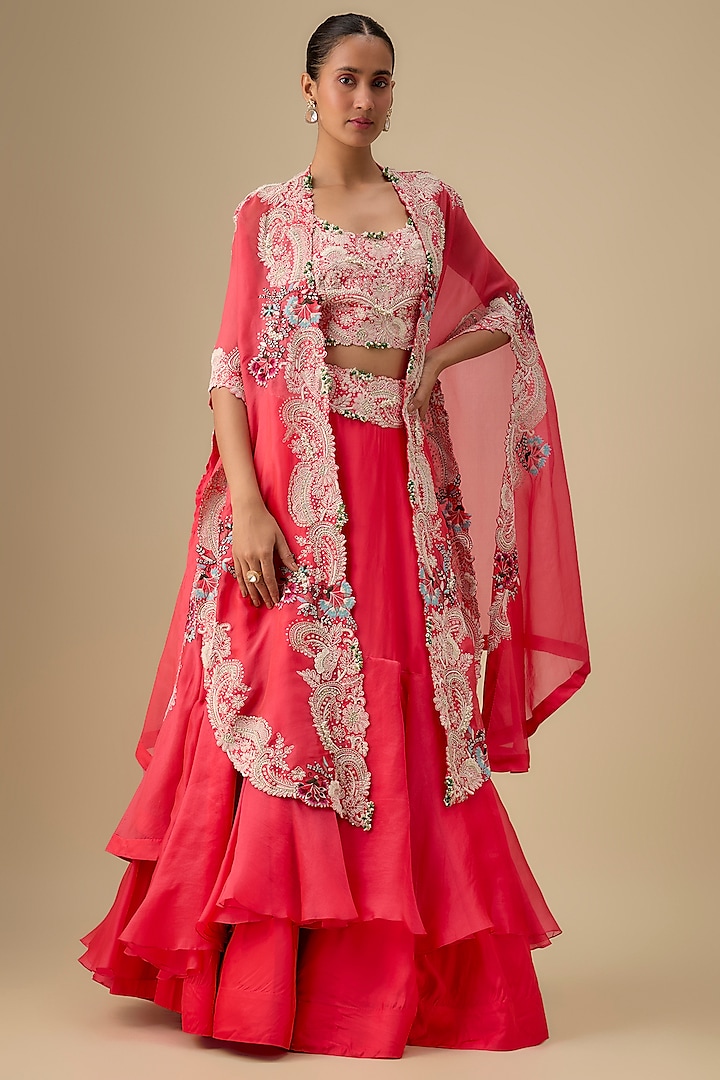 Tomato Pink Organza Dori Work Butterfly Cape Set by Minaxi Dadoo at Pernia's Pop Up Shop