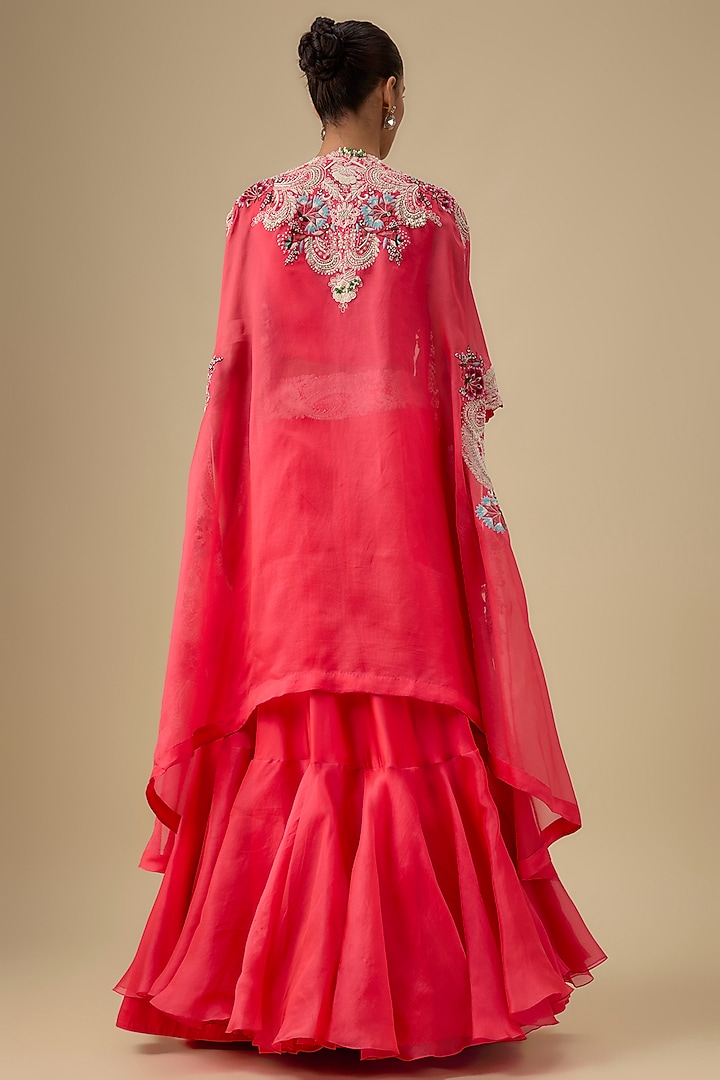 Tomato Pink Organza Dori Work Butterfly Cape Set by Minaxi Dadoo at Pernia's Pop Up Shop