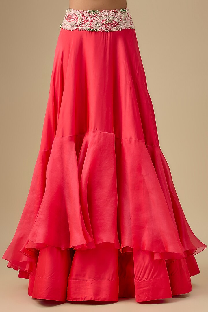 Tomato Pink Organza Dori Work Butterfly Cape Set by Minaxi Dadoo at Pernia's Pop Up Shop