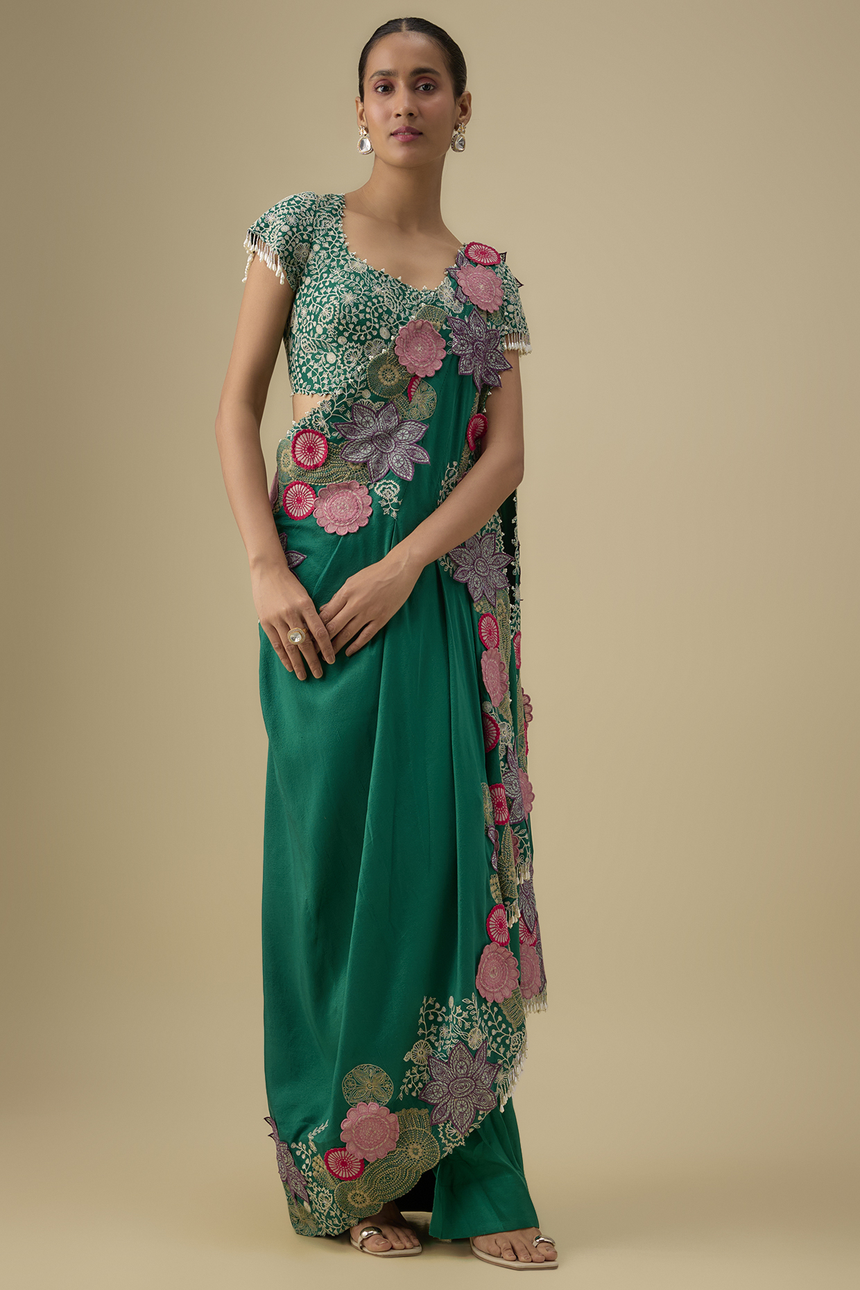Green Dupion Silk Thread Draped Reception Saree Set by Minaxi Dadoo at Pernia's Pop Up Shop