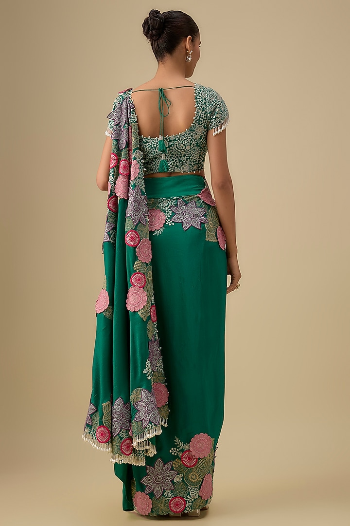 Green Dupion Silk Thread Draped Reception Saree Set by Minaxi Dadoo at Pernia's Pop Up Shop