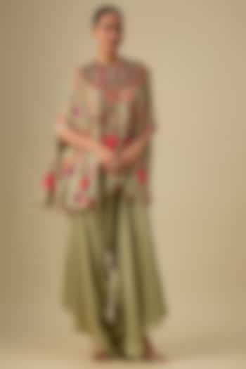 Olive Green Dupion SIlk Ariya Cape Set by Minaxi Dadoo at Pernia's Pop Up Shop