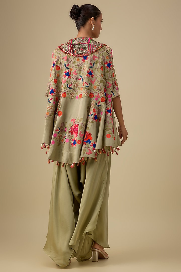Olive Green Dupion SIlk Ariya Cape Set by Minaxi Dadoo at Pernia's Pop Up Shop