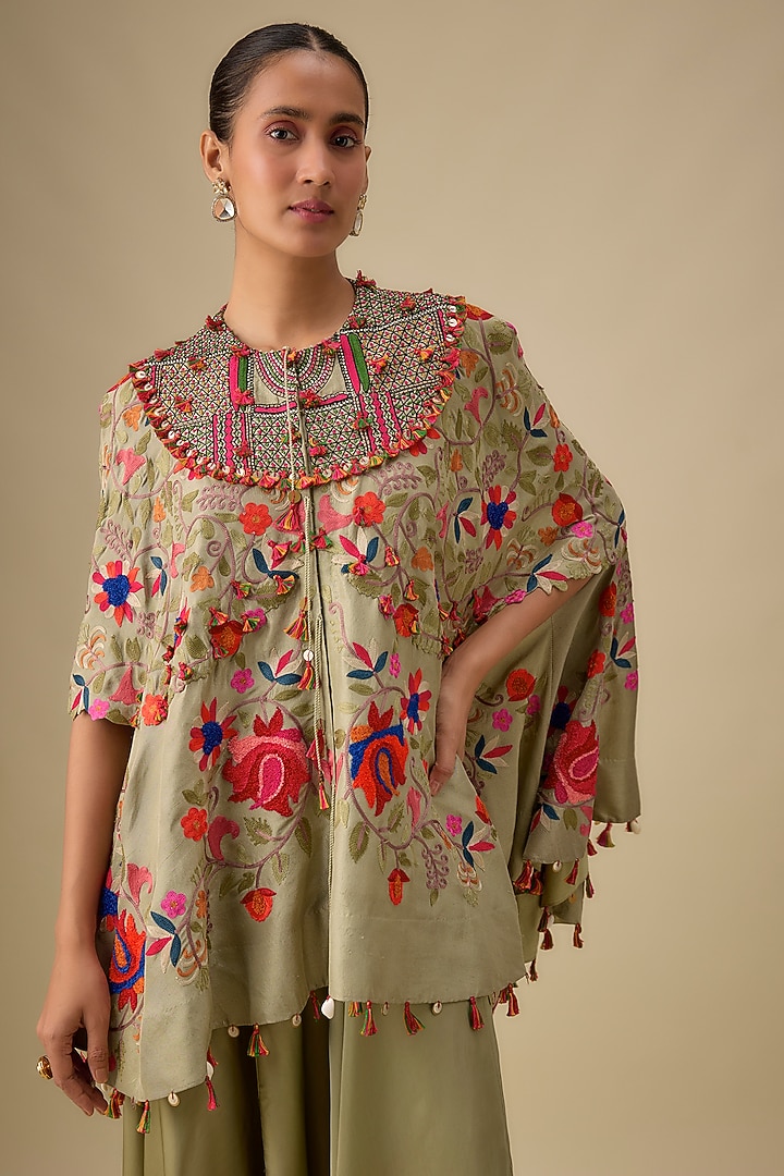 Olive Green Dupion SIlk Ariya Cape Set by Minaxi Dadoo at Pernia's Pop Up Shop