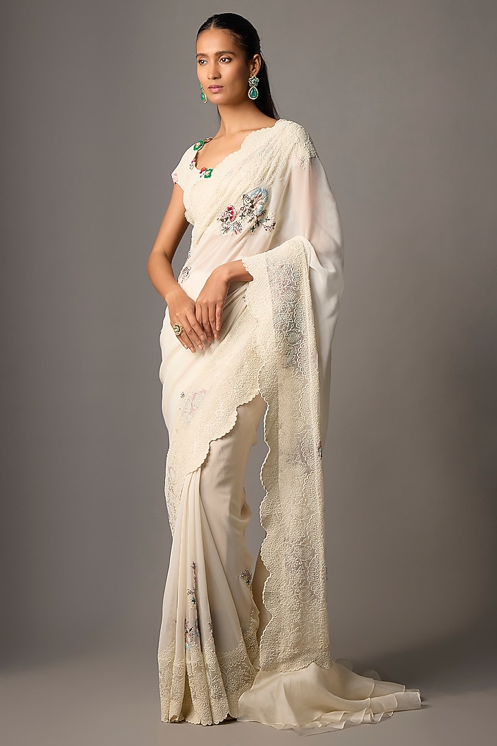 Ivory Silk Pearl Embroidered Reception Saree Set by Minaxi Dadoo at Pernia's Pop Up Shop