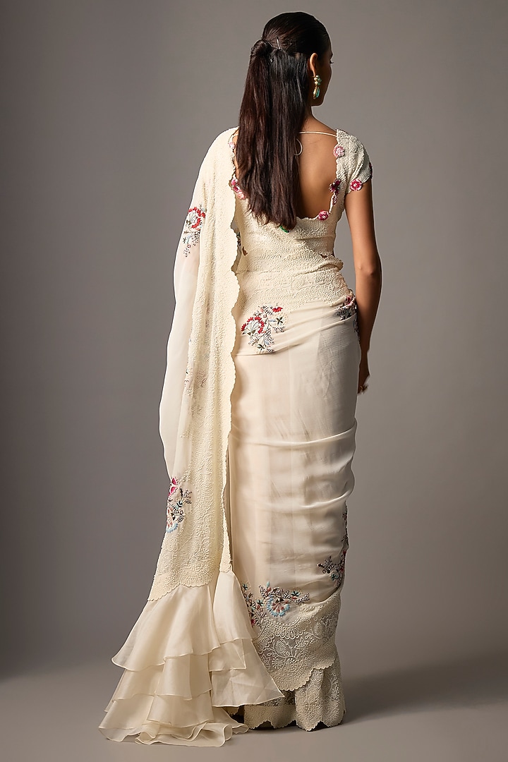 Ivory Silk Mirror Embroidered Reception Saree Set by Minaxi Dadoo at Pernia's Pop Up Shop