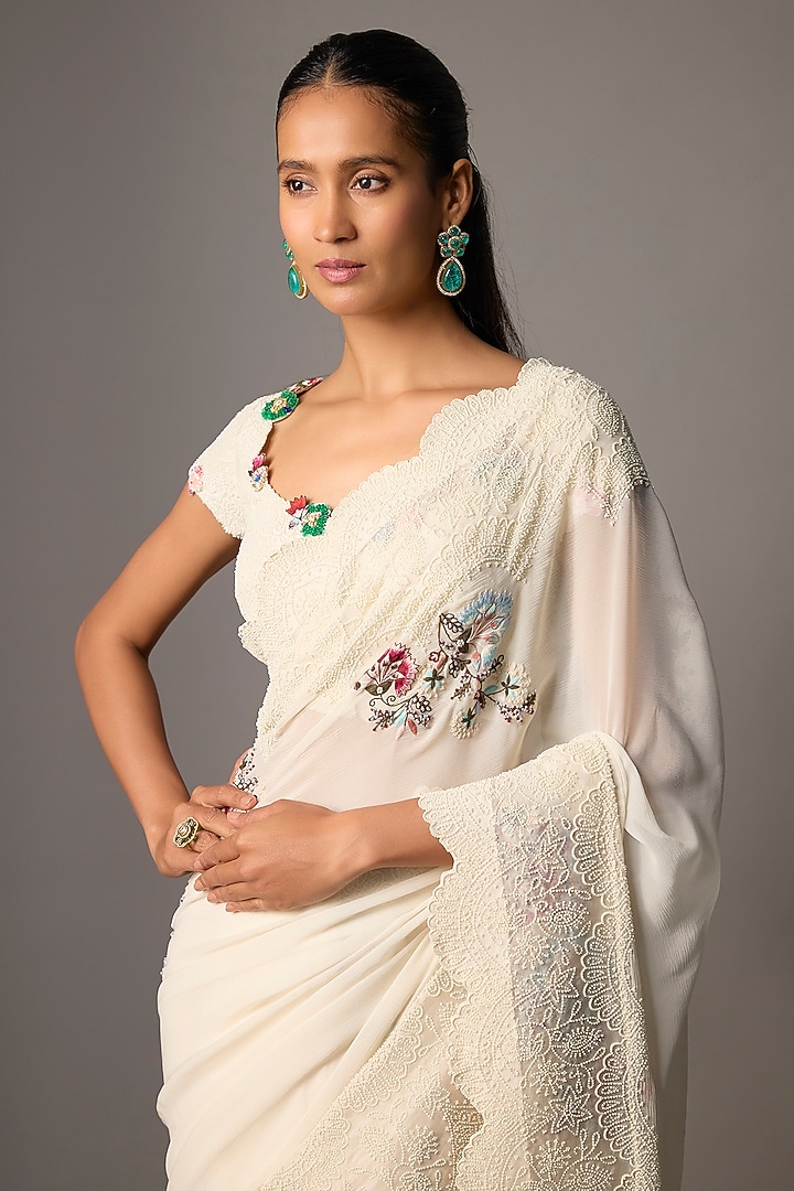 Ivory Silk Mirror Embroidered Reception Saree Set by Minaxi Dadoo at Pernia's Pop Up Shop