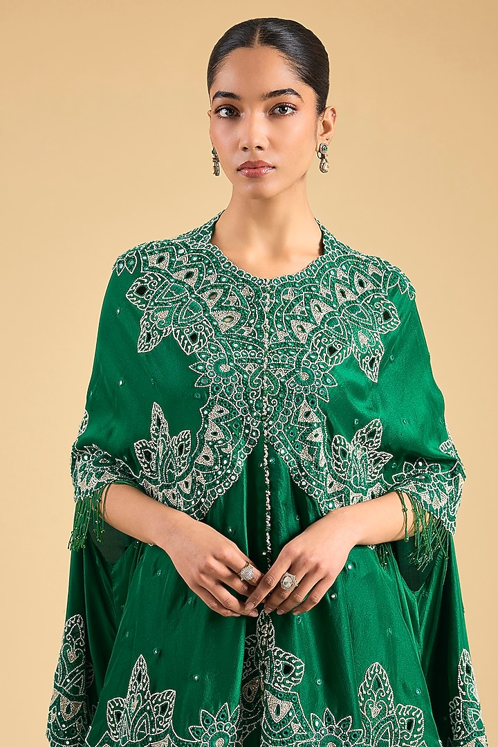 Green China Dupion Mirror Work Cape Set by Minaxi Dadoo at Pernia's Pop Up Shop