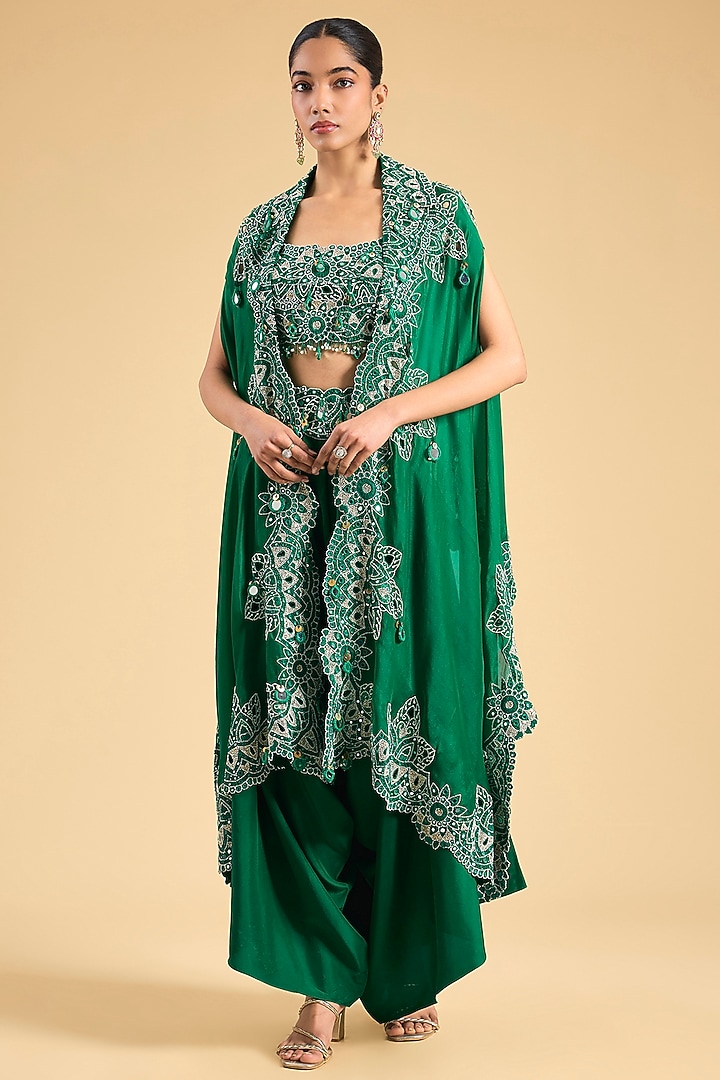 Green Organza Mirror Work Cape Set by Minaxi Dadoo at Pernia's Pop Up Shop